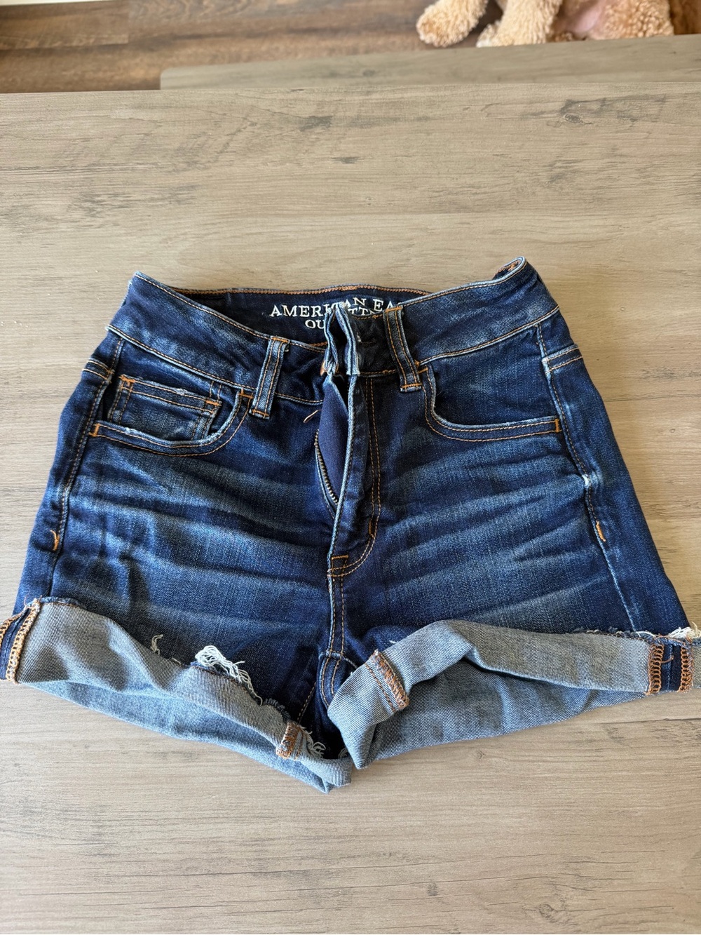 American Eagle Outfitters Dark Blue Rolled-Cuff Denim Shorts